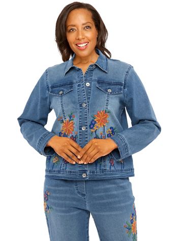 Alfred Dunner® Moody Blues Flower Embroidered Denim Jacket - Image 1 of 5