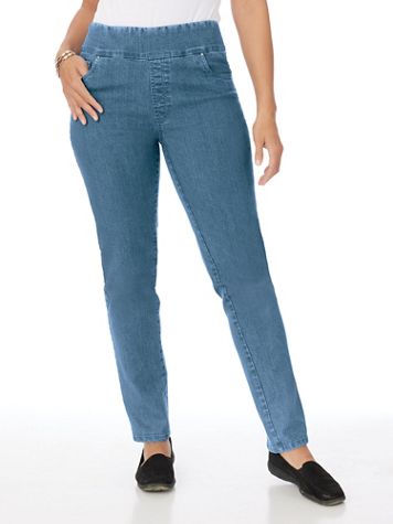 flat front pull on jeans