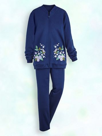 women's embroidered fleece sweatsuit set