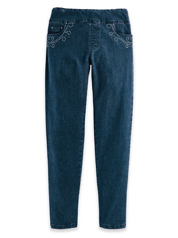 DenimEase™ Flat-Waist Straight-Leg Embellished Jeans - Image 1 of 2