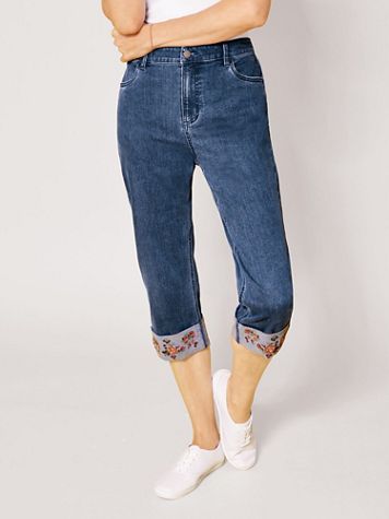 DenimEase Cropped Embroidered Jeans - Image 1 of 2