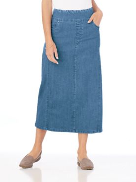 DenimEase™ Flat-Waist Midi Skirt