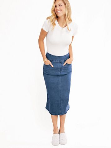 DenimEase™ Flat Waist Midi Skirt - Image 1 of 6