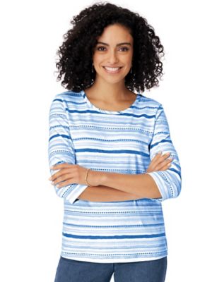 Essentials Women's Watercolor Stripe and Solid Tees, True Blue Stripe S Misses