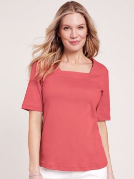 Essential Knit Elbow-Sleeve Square-Neck Tee