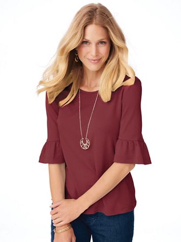 Essential Knit Elbow-Length Flounce-Sleeve Tee - Image 1 of 13