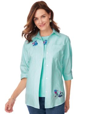 Three-Quarter Sleeve Embroidered Button-Front Twinset