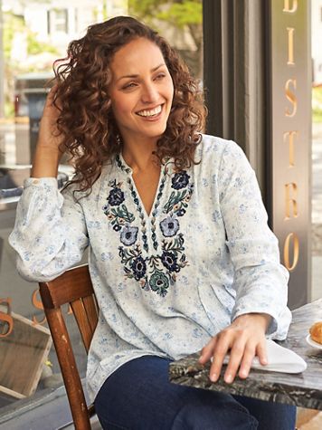 Long-Sleeve Embroidered Neckline Top - Image 1 of 1