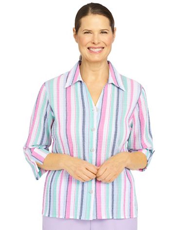 Alfred Dunner® Classic Crinkle Stripe 3/4 Sleeve Button Down Shirt - Image 1 of 1