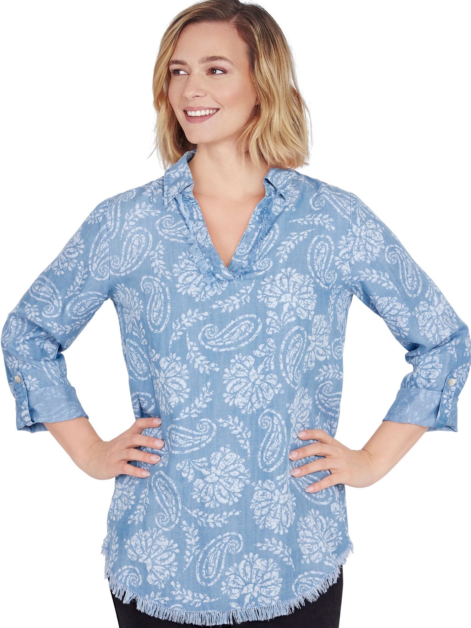Ruby Rd® Pacific Muse Tencel Split Neck Paisley Print Shirt