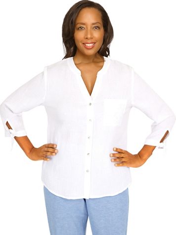 Alfred Dunner® Set Sail Gauze Tie Sleeve Button Down Top - Image 2 of 2