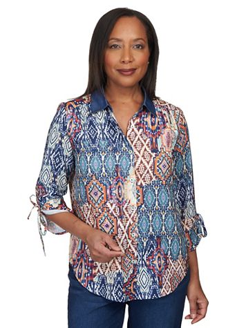 Alfred Dunner® Autumn Weekend Medallion Patch Tie Sleeve Button Up Top - Image 5 of 5