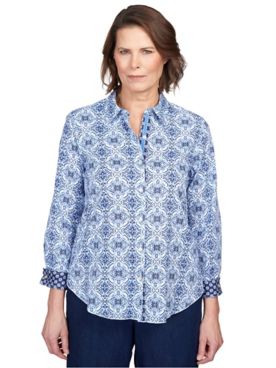 Alfred Dunner® Moody Blues Monotone Medallion Ribbon Trim Button Down Top