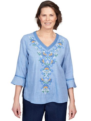 Alfred Dunner® Moody Blues Scroll Center Embroidery V-Neck Top - Image 5 of 5
