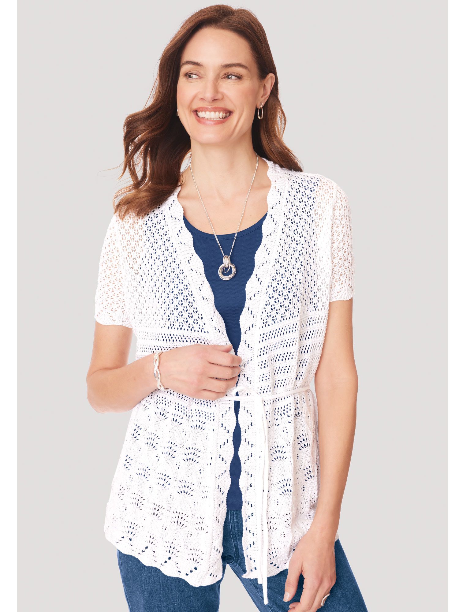 Short-Sleeve Tie-Waist Cardigan Sweater