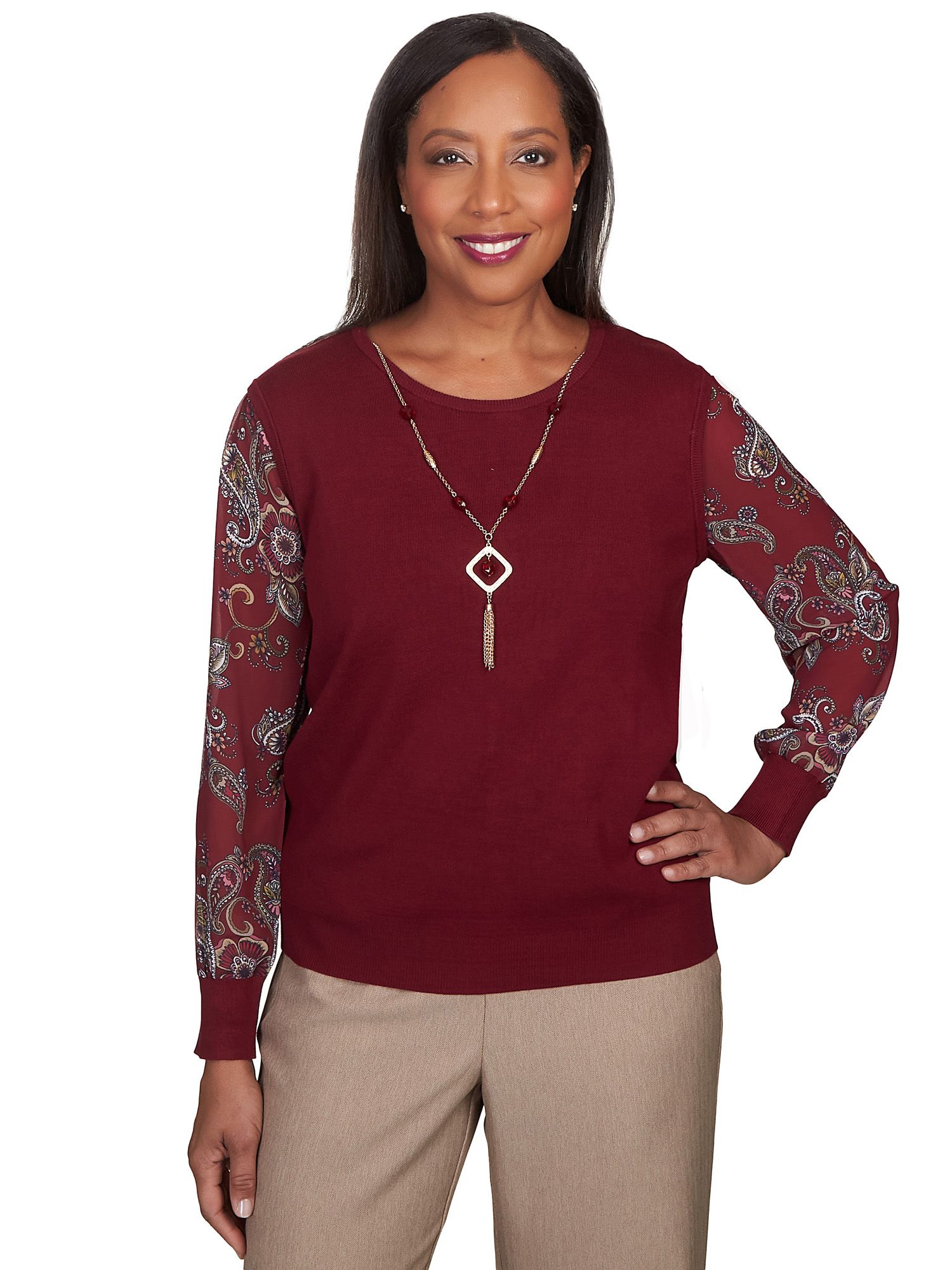 Alfred Dunner® Mulberry Street Paisley Sleeve Crew Neck Sweater