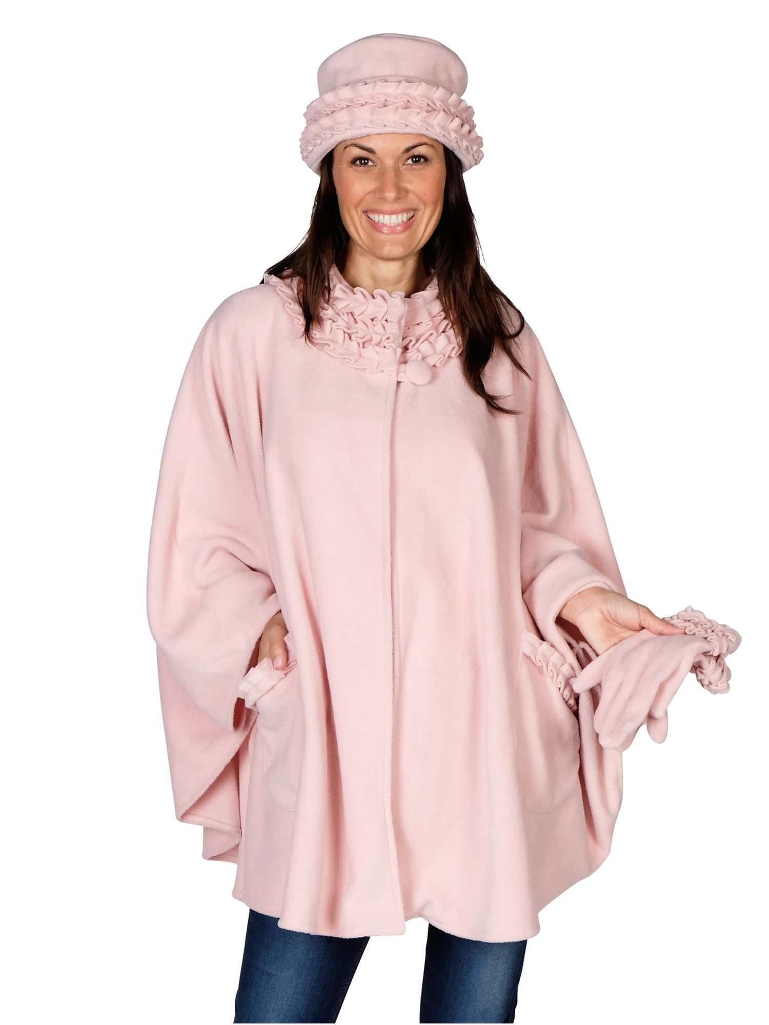 Ruffle Trim Fleece Wrap, Glove & Hat Set