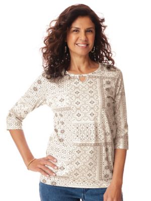 Anytime Women's Keyhole Tee, Oatmeal Patchwork S Misses