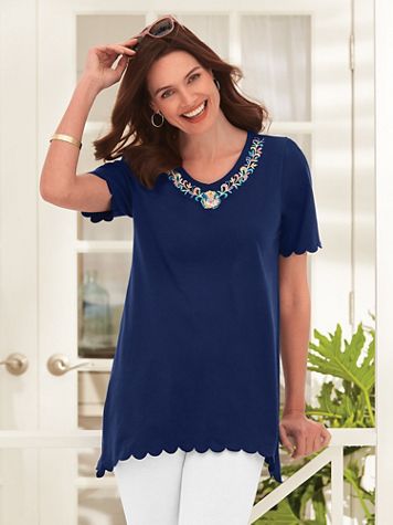 Short-Sleeve Knit Embroidered Arch-Hem Tunic - Image 1 of 1