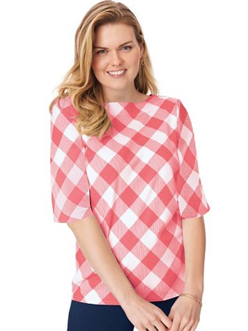 Elbow-Length Sleeve Gingham Check Boatneck Top - Image 1 of 9