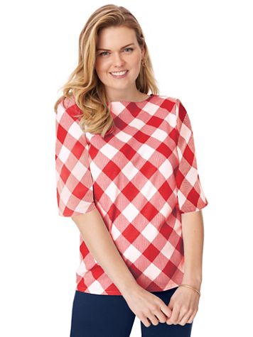 Elbow-Length Sleeve Gingham Check Boatneck Top - Image 1 of 7