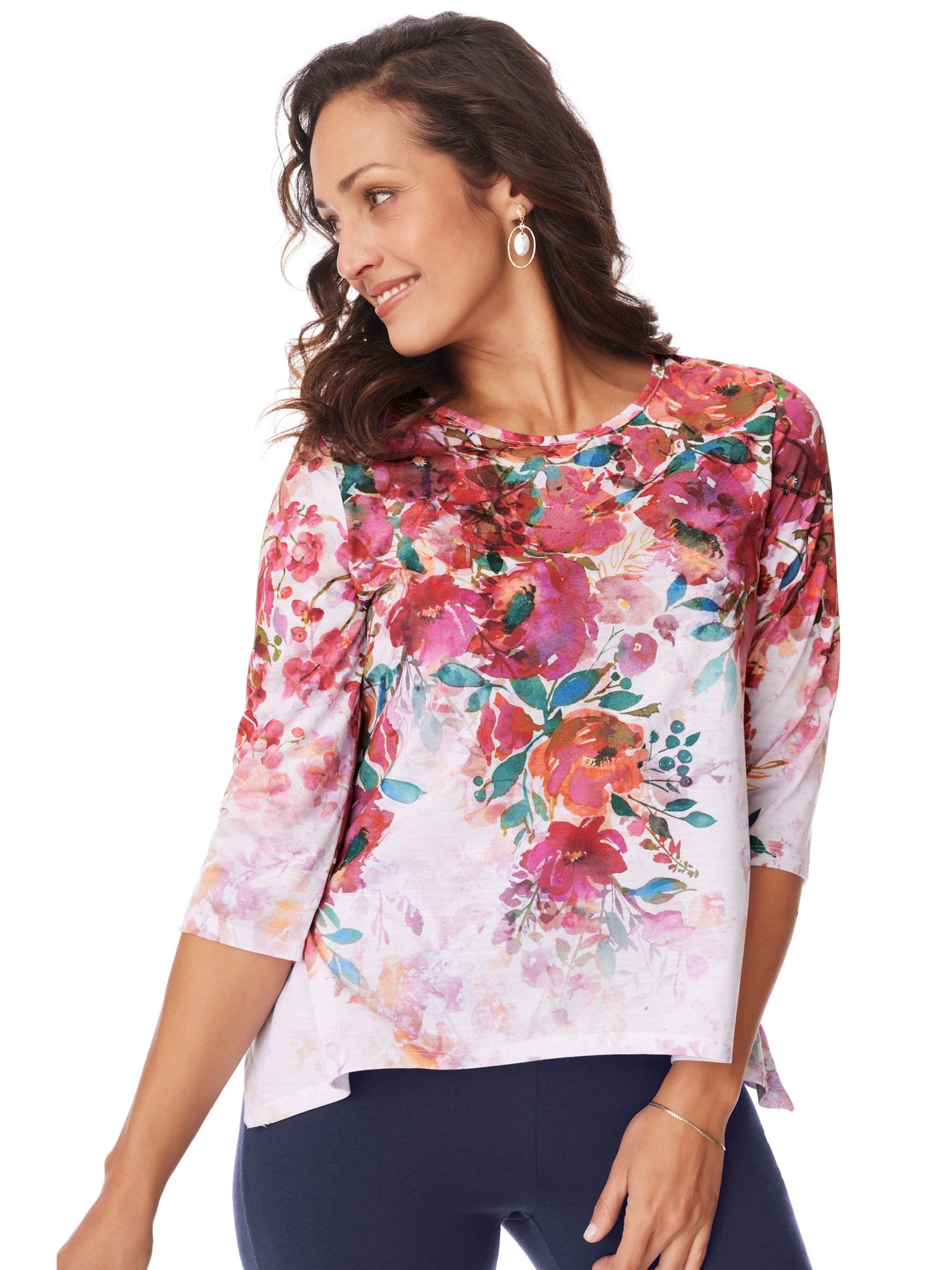 Three-Quarter Sleeve Floral Print Tunic