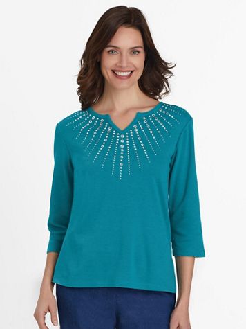 Alfred Dunner Three-Quarter Sleeve Sunburst Embellished Top - Image 1 of 1