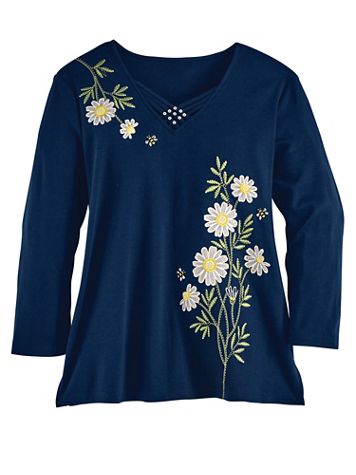 Alfred Dunner Three-Quarter Sleeves Daisies Knit Top - Image 1 of 1