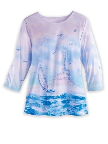 Three-Quarter Sleeve Lighthouse-Print Top - Image 1 of 1