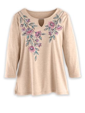 Alfred Dunner Three-Quarter Sleeve Floral Embroidered Top