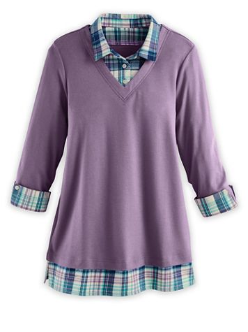 Three-Quarter Sleeve Layered-Look Flannel-Trim Top - Image 1 of 1
