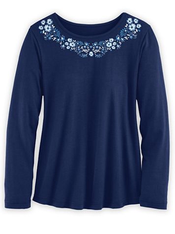 Long-Sleeve Curved-Hem Embroidered Top - Image 1 of 4