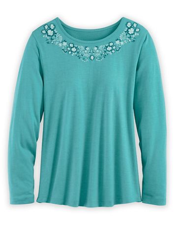 Long-Sleeve Curved-Hem Embroidered Top - Image 1 of 1
