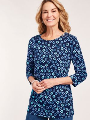 Essentials Women's Plus Essential Knit Button-Trim Top, Navy Floral Blue 3XL