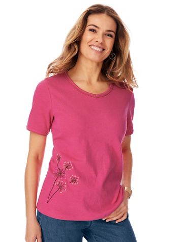 Essential Knit Embroidered Crochet-Trim Tee - Image 1 of 4