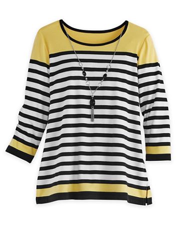 Alfred Dunner Three-Quarter Sleeve Stripe Knit Top with Necklace - Image 1 of 1