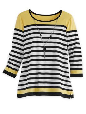 Alfred Dunner Three-Quarter Sleeve Stripe Knit Top with Necklace