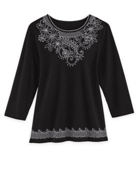 Alfred Dunner Three-Quarter Sleeve Scroll Floral Knit Top