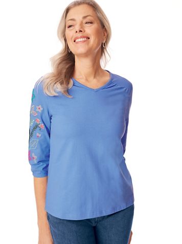 Floral Embroidered-Sleeve Knit Top - Image 1 of 6