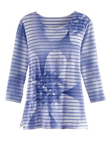 Alfred Dunner Floral Stripe Knit Top - Image 1 of 5