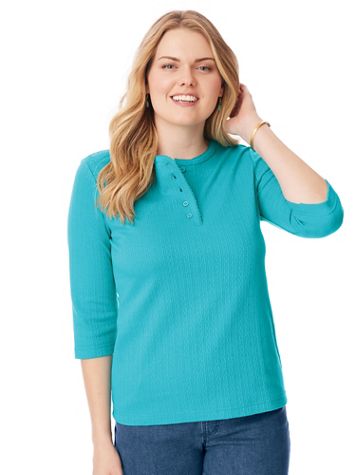 Three-Quarter Sleeve Pointelle Henley Top - Image 1 of 7
