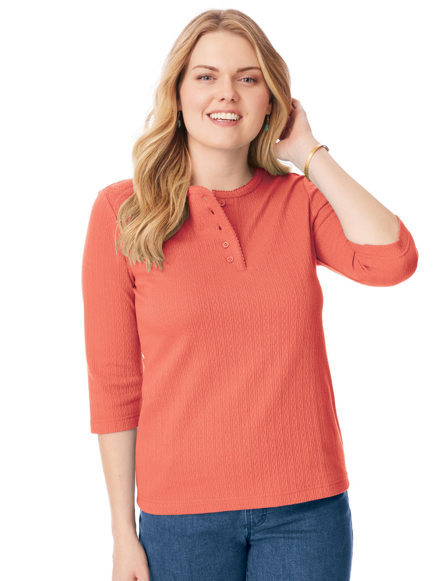 Three-Quarter Sleeve Pointelle Henley Top
