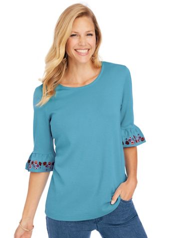 Embroidered Essential Knit Flounce Sleeve Tee - Image 1 of 4