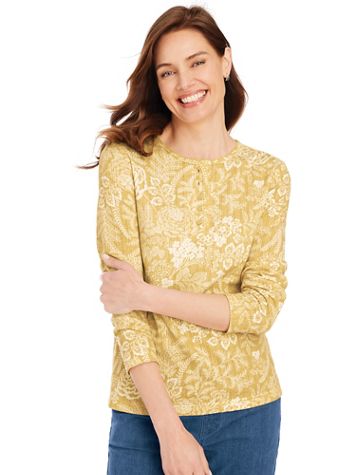 Print Long Sleeve Pointelle Henley Top - Image 1 of 18