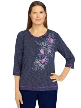 Alfred Dunner Indigo Daze Embroidered Flowers Mini Striped Top