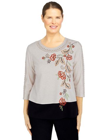 Alfred Dunner Second Nature Floral Yoke Crochet Trim Top - Image 1 of 4