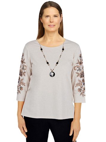 Alfred Dunner Second Nature Embroidered Sleeves Knit Top - Image 1 of 4