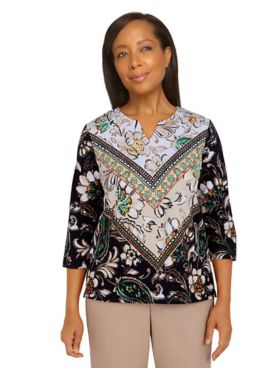 Alfred Dunner Second Nature Paisley Floral Chevron Print Top