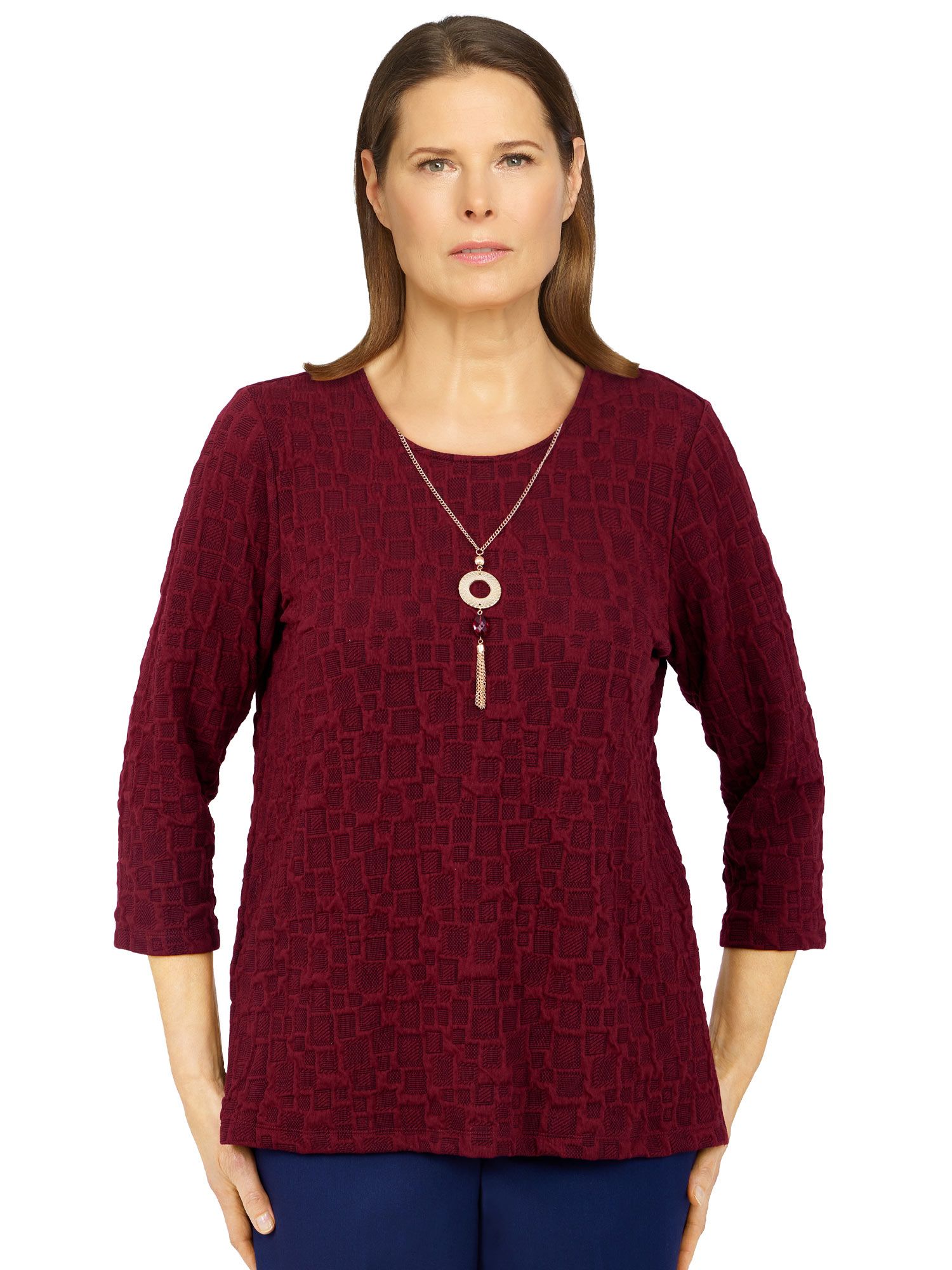 Alfred Dunner Sloane Street Solid Box Texture Top With Removable Necklace