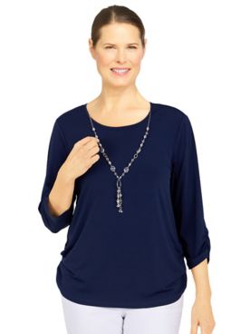 Alfred Dunner Sloane Street Knit shirred Hem Top With Necklace